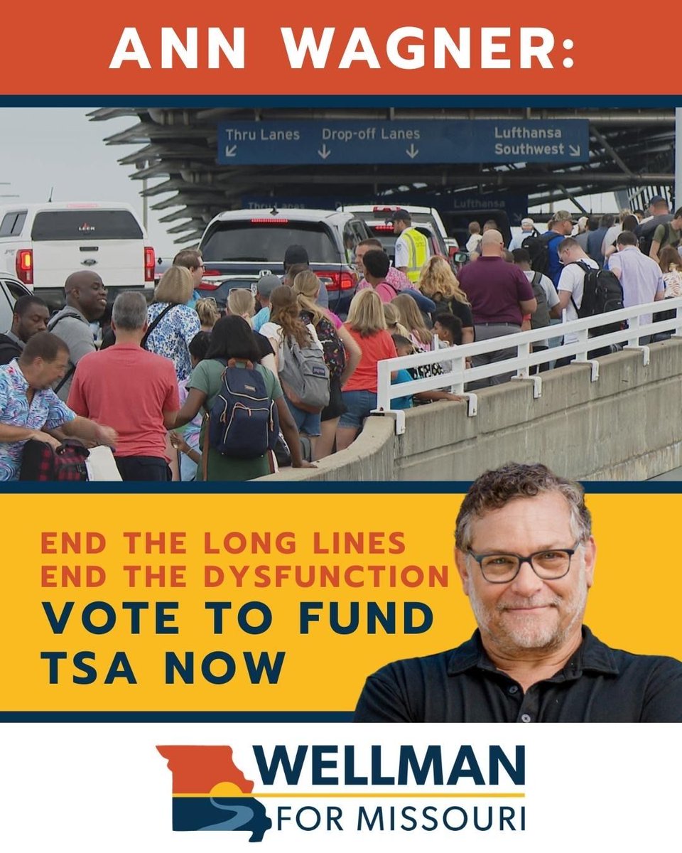 WellmanForMO's tweet image. This is what happens when Washington plays politics with basic services. While travelers wait for hours, the GOP Congress still hasn’t funded TSA when they could have all along...including Ann Wagner. End the dysfunction and fund TSA now.  #MO2 #StLouis
