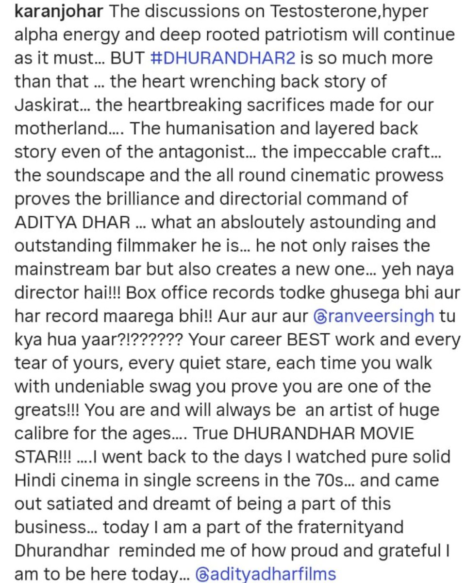 #KaranJohar heaps praise on #DhurandharTheRevenge, calling #RanveerSingh a “true Dhurandhar movie star!!!” 🔥✨

#Trending #Dhurandhar2