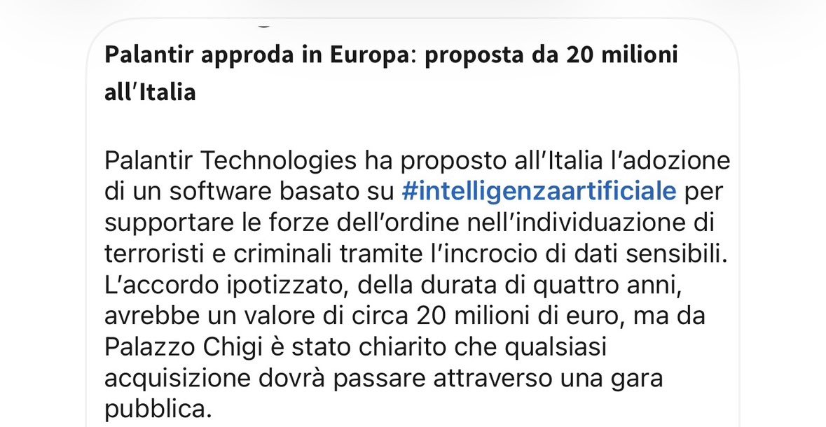 g_caprotti's tweet photo. Oggi il #Pd non ha ricevuto risposte al #Copasir su #Palantir di Peter #Thiel : dietro ci sarebbe un contratto da 20 milioni di € secondo un articolo di @mariaelenaviggi di qualche giorno fà. Anche in #Italia 🇮🇹 sistemi di sorveglianza tipo #ICE? Altro che Anticristo! https://t.co/6m9jUhQUTn