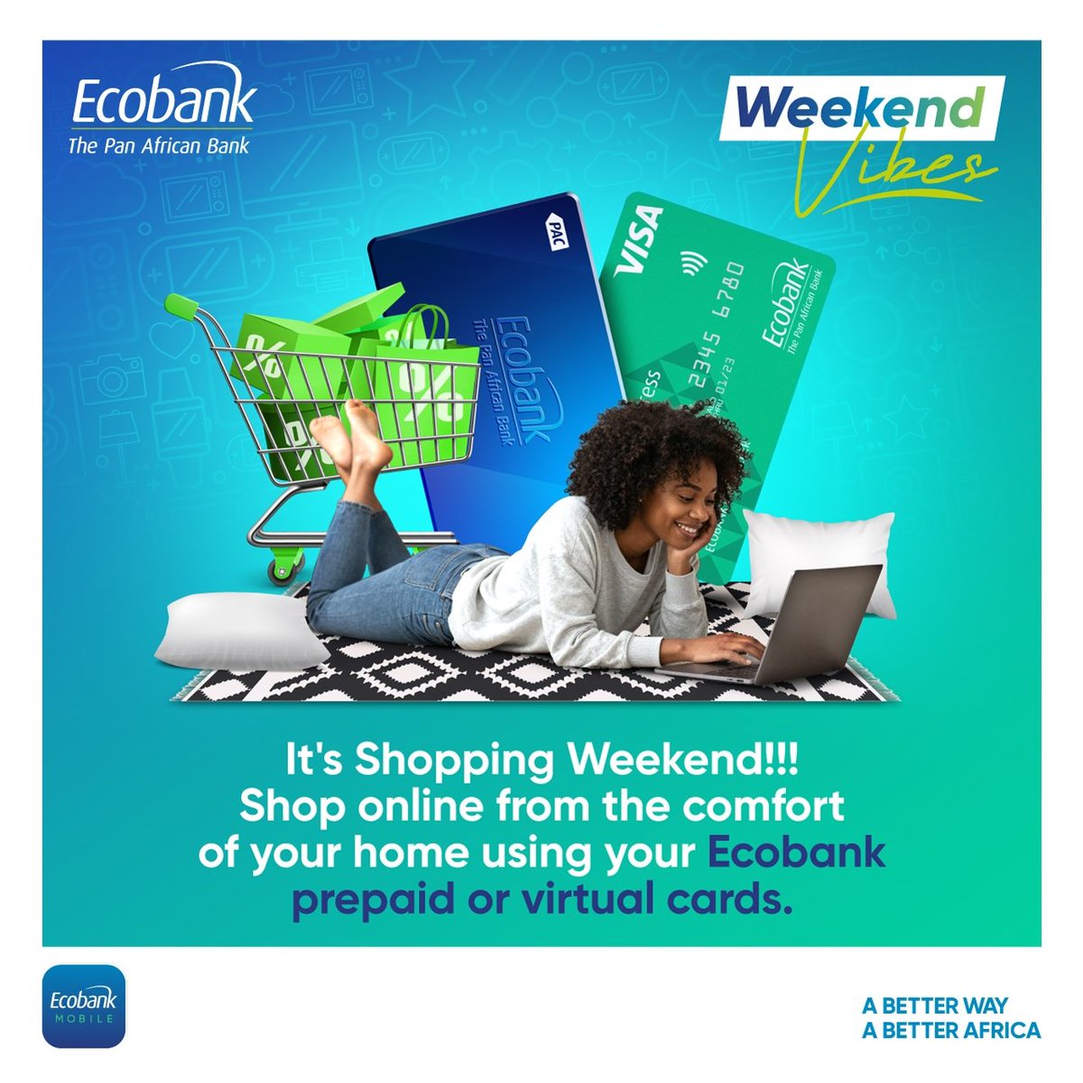 EcobankCameroun's tweet image. Weekend vibes 

Shop from your sofa with Ecobank cards—fast, simple &amp;amp; secure.

Order now on Ecobank Mobile!

#WeekendVibes #OnlineShopping #EcobankCameroon