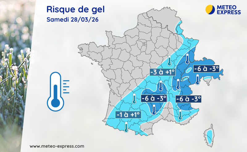 🥶 Cette nuit, il gèlera du sud-ouest à l'est. Gel plus marqué et parfois dommageable vers le Massif Central, de l'Alsace aux Alpes et en Suisse. Plus d'infos au meteo-express.com/gel-parfois-do…
