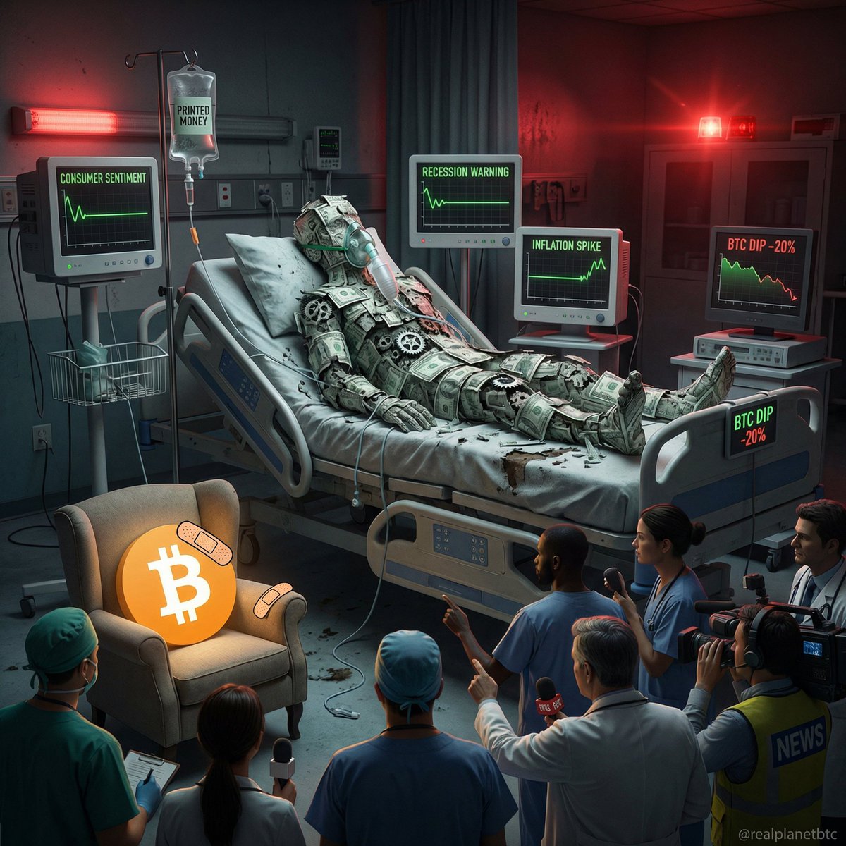 realPlanetBTC's tweet photo. The economy is on a hospital bed.

Consumer sentiment: flatline.

Recession warning: active.

Inflation spike: unresolved. 

IV drip: printed money.

But every camera, every doctor, every news crew is crowded around Bitcoin's 20% dip.

A bandage on a chair in the corner.

They're treating the wrong patient.

And the real one is running out of time.