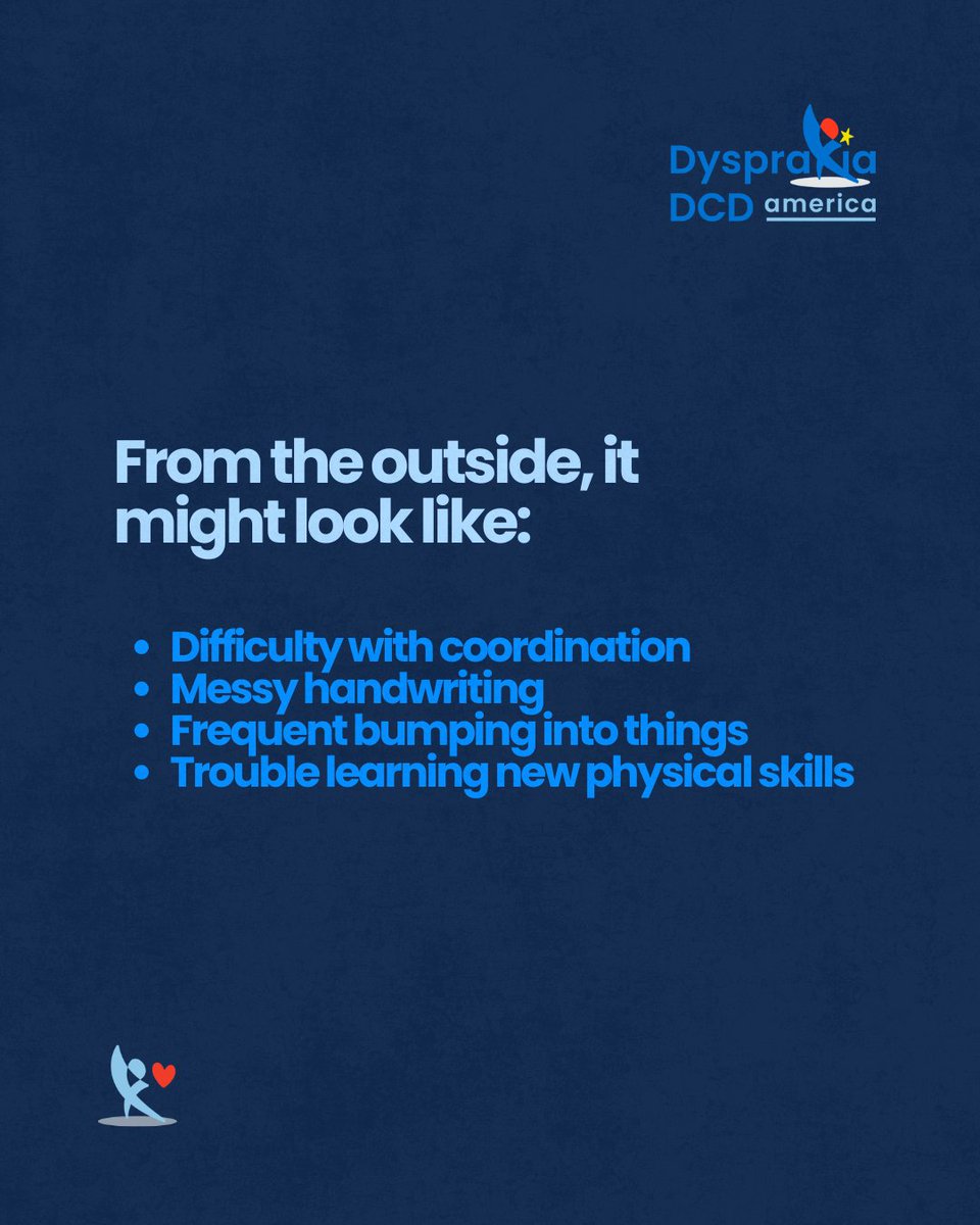 DDCDAmerica's tweet image. Dyspraxia, also known as Developmental Coordination Disorder (DCD), is often misunderstood because many of its signs can look like everyday clumsiness or poor coordination from the outside.

What you see on the outside is not always the full picture.

#Dyspraxia