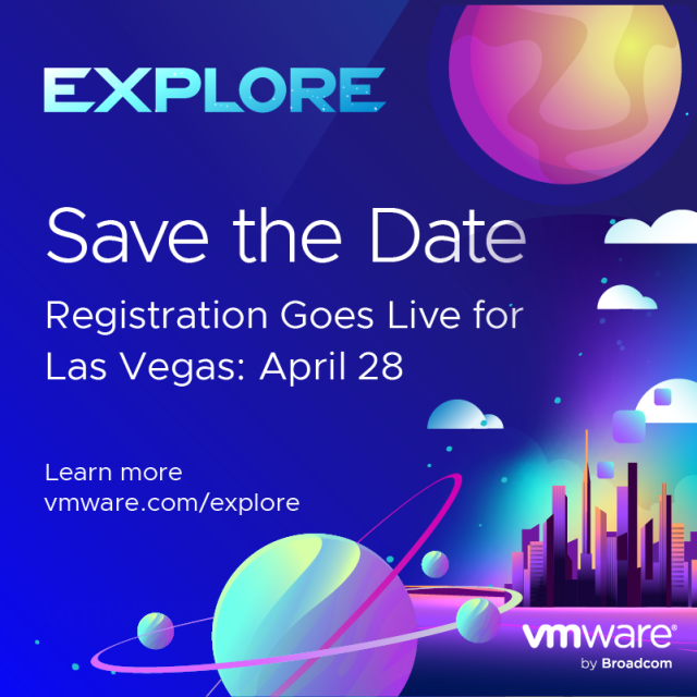 andresmino's tweet photo. Mark calendars: #VMwareExplore 2026 is back Aug. 31 – Sep. 3 in Las Vegas. Get ready for the innovation, insights, and community power that will shape what’s next. Registration opens April 28. 👉🏼 Find more details plus the calendar invite here: https://t.co/cX5MmAijio https://t.co/H9hkcZaHKl
