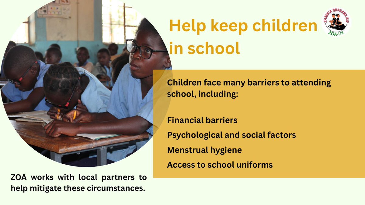 ZambiaUk's tweet photo. Keeping vulnerable children in school can dramatically improve their prospects.

ZOA works with local partners to break down the many barriers to attending school.

Please consider making a small gift today to help a child stay in school.

https://t.co/7WmtFxUcLs https://t.co/zTQDrBp6hn