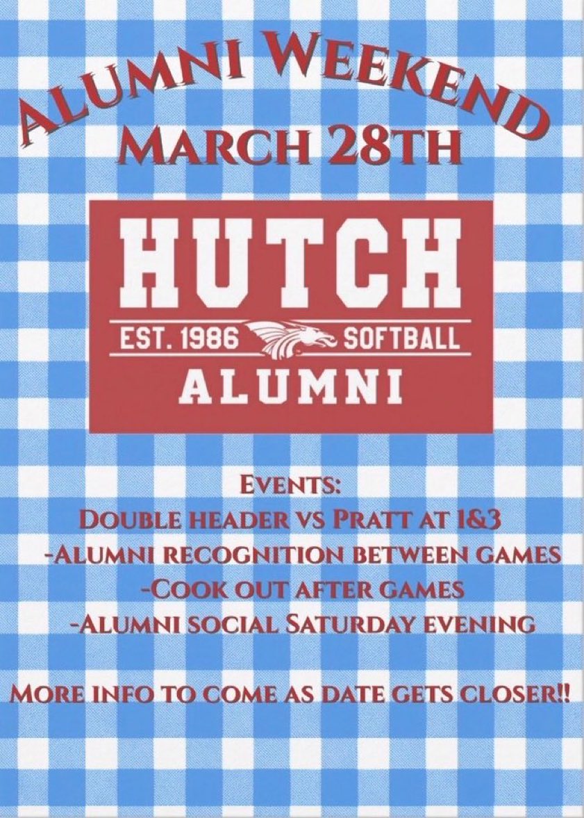 HutchSoftball's tweet photo. Tomorrow is the day!

We would like to acknowledge alumni on the field during pregame. 

Please arrive by 12:40 &amp; join us on the field for pregame speech &amp; starting lineups! https://t.co/SB0owuunRa