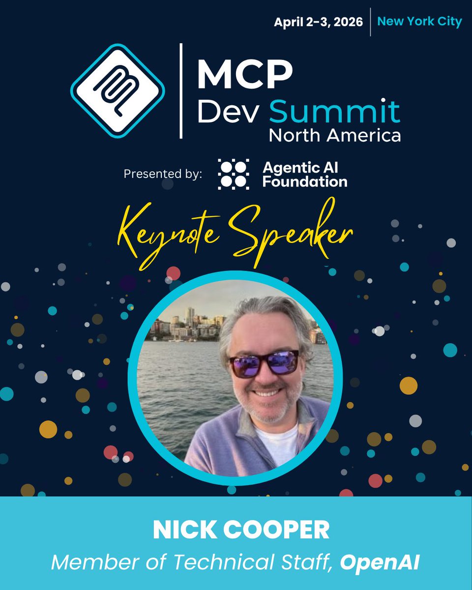 linuxfoundation's tweet image. MCP x MCP 🔁
Hear Nick Cooper (OpenAI) break down what happens when #MCP systems connect, layer, and scale together at #MCPDevSummit, next week in NYC!
See what else is on deck: bit.ly/3N1Z0gw
Register: bit.ly/4lQDOae