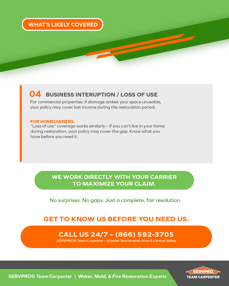 Four insurance coverages that most property owners don't know they have — until they're in the middle of a claim and find out too late.

Contents restoration. TPAs. Mold remediation from covered events. Business interruption / loss of use.

📞 (866) 592-3705
#SERVPROTeamCarpenter
