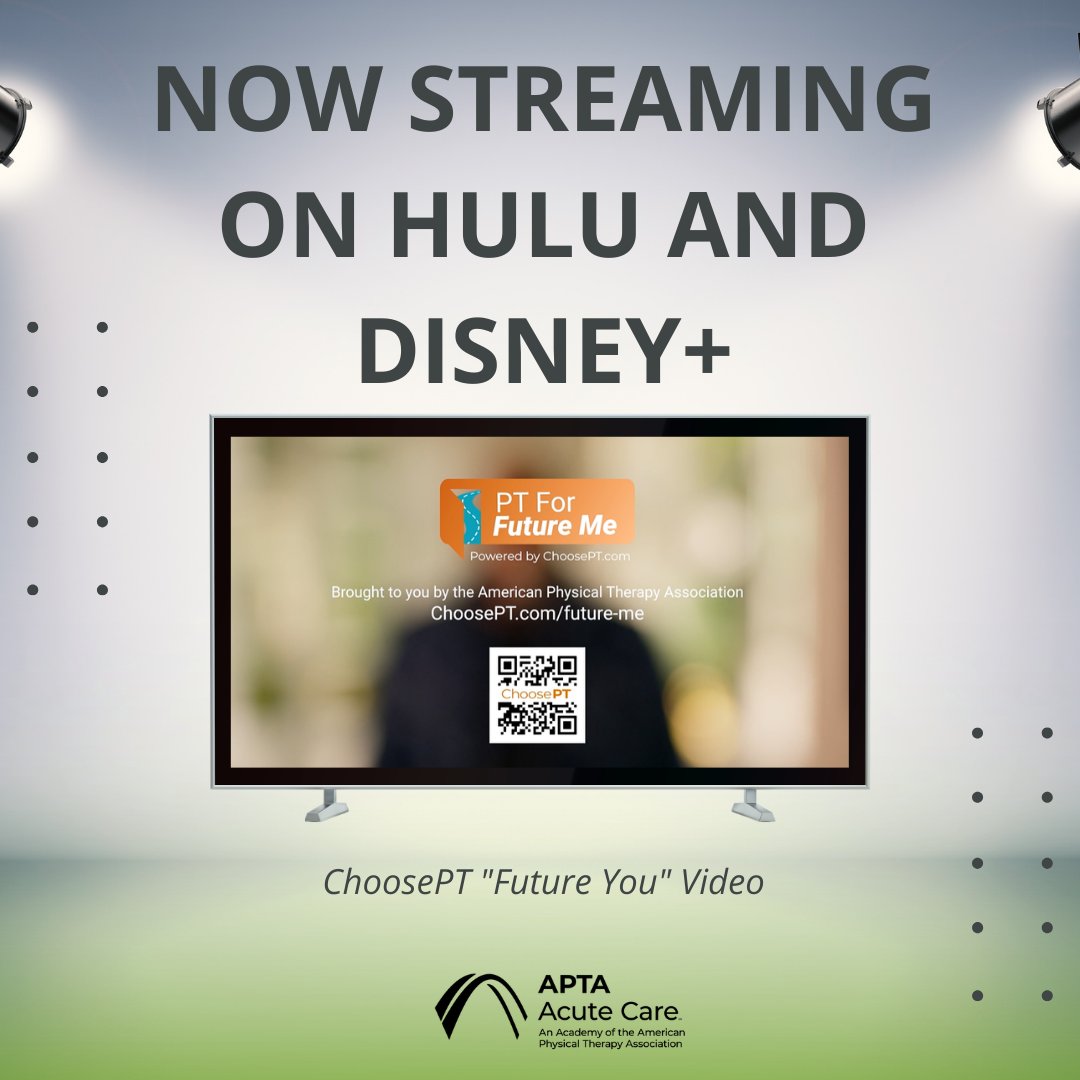 AcuteCareAPTA's tweet image. 🎬 Now streaming on Hulu + Disney+: APTA’s ChoosePT video, “Future You.”

See how physical therapy supports movement and health at every stage of life.

Learn more: apta.org/article/2026/0…

#ChoosePT #PTforFutureMe