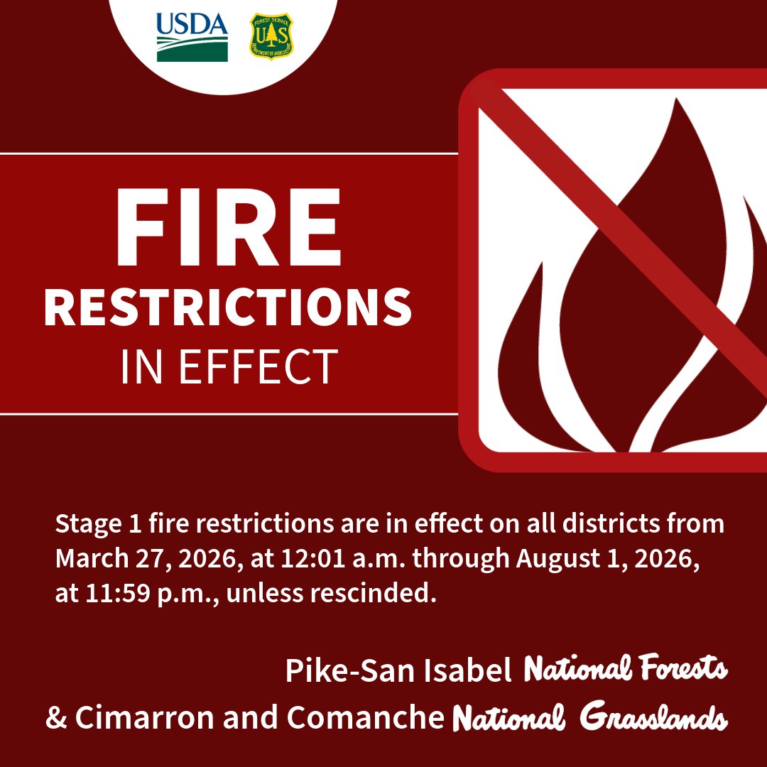 Stage 1 fire restrictions are in effect on all districts of the PSICC from March 27, 2026, at 12:01 a.m. through August 1, 2026, at 11:59 p.m., unless rescinded. Details about the restrictions can be found on our website: fs.usda.gov/r02/psicc/aler….