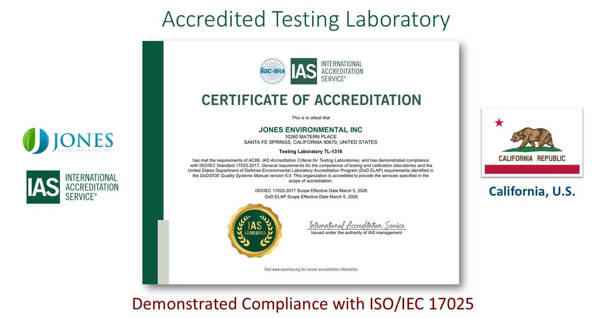 IntlAccredSvc's tweet image. Congratulations Jones Environmental in California for becoming an IAS Accredited Testing Laboratory. Demonstrating compliance with ISO/IEC 17025. bit.ly/4aY6QRq #ConformityAssessment #IASAccredited #Accreditation #TestingLab #Jones #California