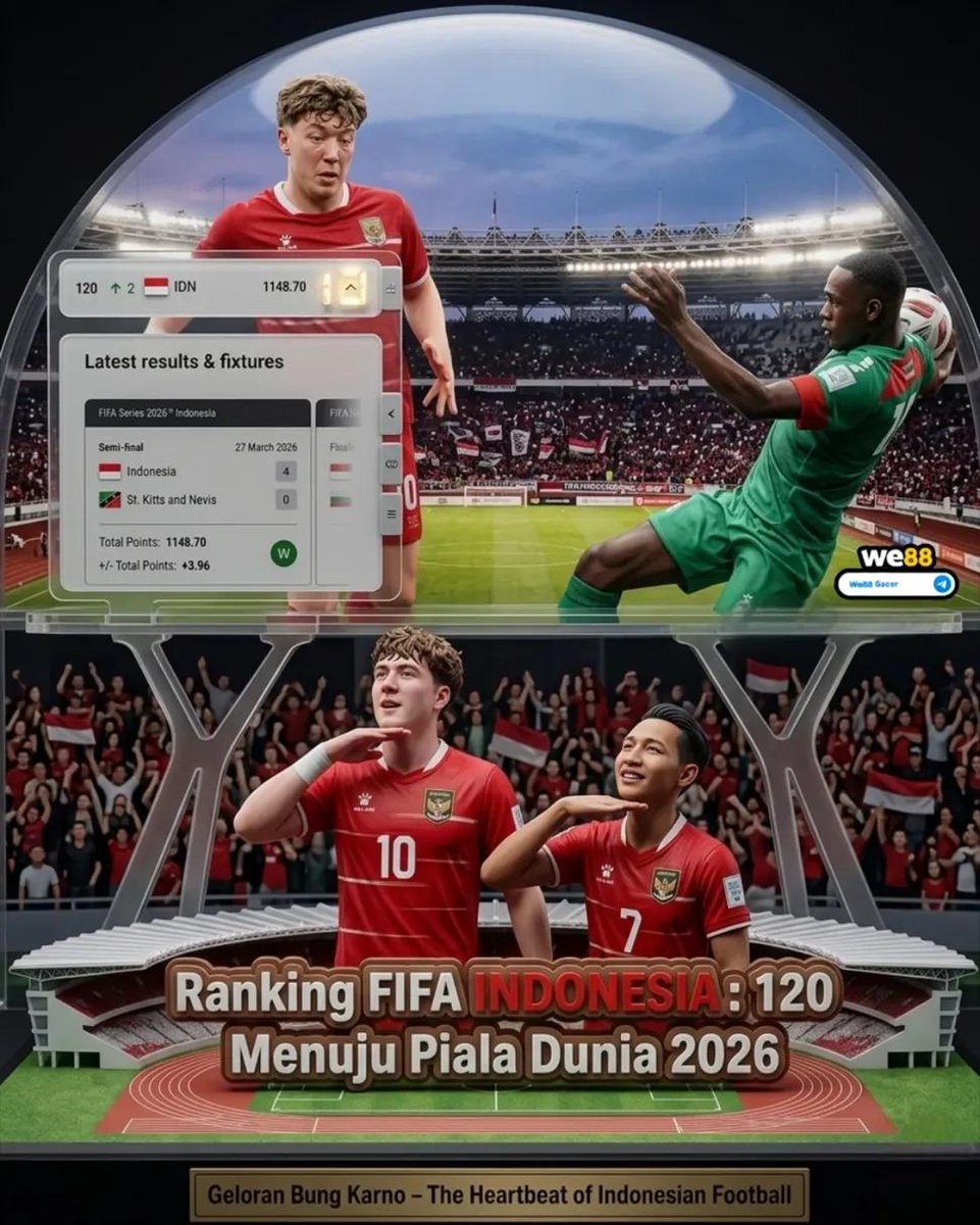 kacamatasan's tweet image. Setelah meraih kemenangan 4-0 atas Saint Kitts and Nevis di stadion GBK, ranking FIFA Timnas Indonesia langsung naik ke posisi 120 dan semakin dekat untuk melewati ranking Korea Utara.

#timnas #timnasindonesia #TimnasDay #FIFAseries2026 #Indonesia