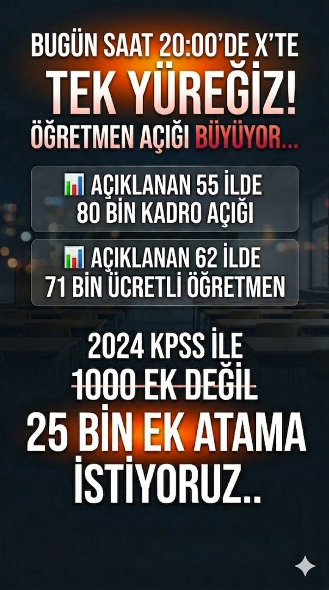 2024 KPSS puanlarıyla ilave 25 BİN öğretmen ataması yapılması gerekliliği bugün bir kez daha kamuoyuyla paylaşılmıştır. 

Devlet büyüklerimizden bu duruma çözüm odaklı bir yaklaşım bekliyoruz.
<a href="/RTErdogan/">Recep Tayyip Erdoğan</a> 
<a href="/dbdevletbahceli/">Devlet Bahçeli</a> 
<a href="/_cevdetyilmaz/">Cevdet Yılmaz</a> 

 #AçıkÇokAtamaYok24KpssMEB