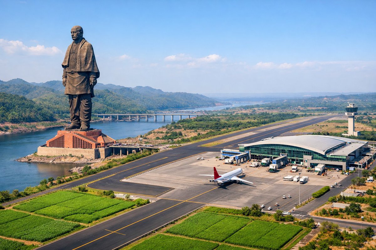 bjpneelrao's tweet photo. New flight at Statue of Unity, new experience!

A #greenfieldairport  will be built at #StatueofUnity in #Rajpipla. The opening of this new greenfield airport will provide the benefit of road connectivity through National Highway 56 (NH-56), which will enable tourists to reach the eco-tourism destination near Statue of Unity and Sardar Sarovar Dam in less than 45 minutes. This airport will not only promote tourism to the Statue of Unity, but also to the surrounding historical and heritage sites like Rajpipla Palace.

The operationalization of Rajpipla Airport will create new employment opportunities in Narmada district through its construction and operation. Apart from this, it will also facilitate logistics for exporting local agricultural products like cotton and maize to the large market. The reduction in traffic load on the road will give a major boost to local trade and commerce.

 #GujaratDevelopment #StatueOfUnity #RajpiplaAirport #NarmadaTourism #GreenfieldAirport #IncredibleIndia #GujaratTourism #EconomicGrowth #InfrastructureDevelopment #MakeInGujarat
@souindia
