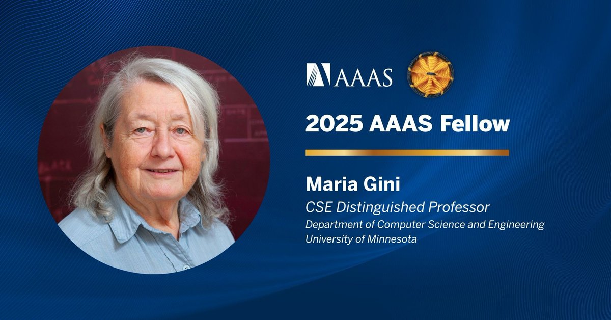 UMNComputerSci's tweet photo. Congrats to Professor Maria Gini for being elected as a #AAASFellow by @aaas! We are #UMNproud of your extraordinary contributions to science.
Learn more: https://t.co/QsAPXYY5as https://t.co/nXCh6G6uwh