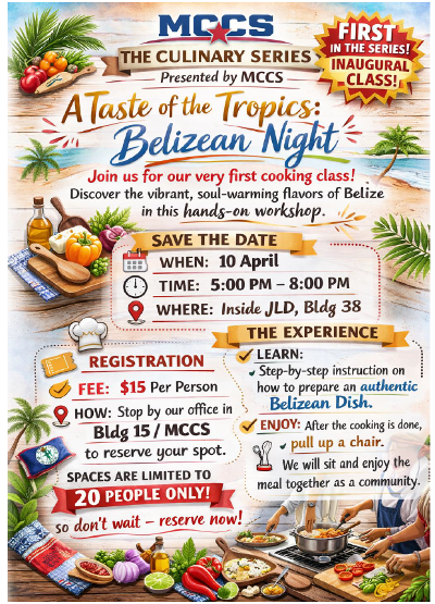 MCLB_Barstow's tweet image. Looking to spice up your night and learn something new @MCLB_Barstow?
Come join MCCS Barstow for their first Cooking Class, April 10, from 5-8pm!
Reserve your spot TODAY by visiting Bldg. 15 or calling 760-577-6733.
SPACES ARE LIMITED!
#mclbbarstow #cookingclass