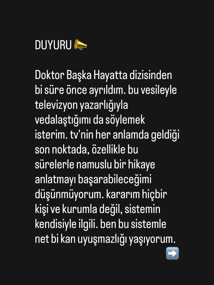 PopFestTR's tweet photo. Pınar Bulut, senaristi olduğu ‘Doktor: Başka Hayat’ dizisinden ayrıldı.

“Bu vesileyle televizyon yazarlığıyla vedalaştığımı da söylemek isterim. Özellikle bu sürelerle namuslu bir hikaye anlatabileceğimi düşünmüyorum.” https://t.co/p5KTrHZAp7