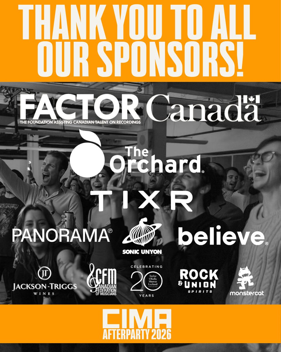 CIMAmusic75's tweet photo. Thank you to to our sponsors &amp; partners. Your support makes CIMA's AFTERPARTY possible and brings our community together! 🌟 

This event is invite-only and subject to capacity. hashtag#CIMAAFTERPARTY2026

https://t.co/DSw7wFcKUh https://t.co/O49s5Fy1HW