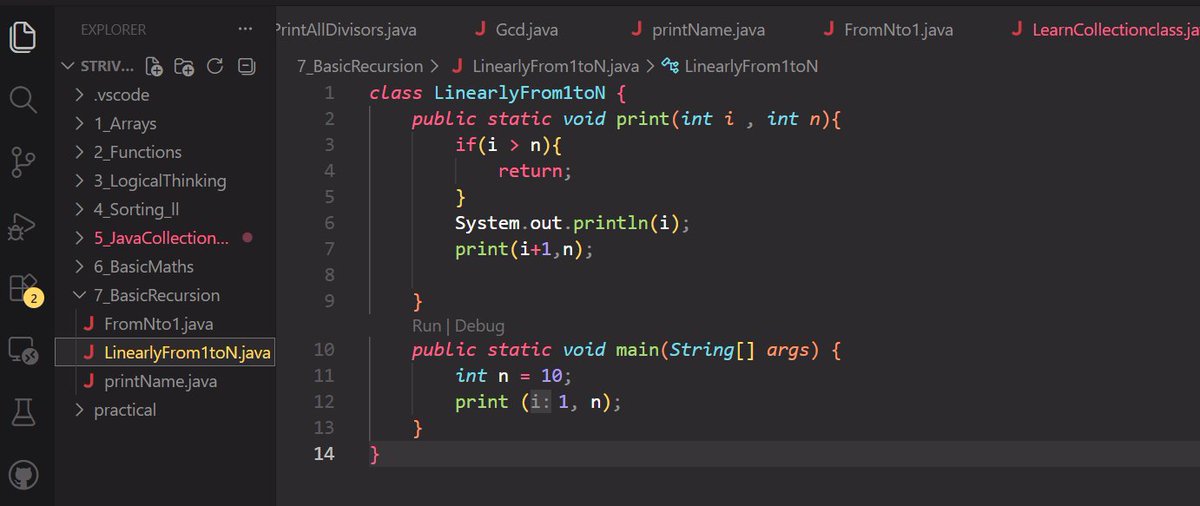ShaileshYa66107's tweet photo. Day 5 of DSA in Java 🚀

Completed Basic Mathematics today with:
📌 Euclidean Algorithm (GCD)

Started Recursion and Solved :
📌 Print name N times
📌 Print 1 → N
📌 Print N → 1

Understanding how recursion works step by step.
#DSA #Java #Recursion #ProblemSolvin #LearnInPublic https://t.co/lNFp4tK2DP