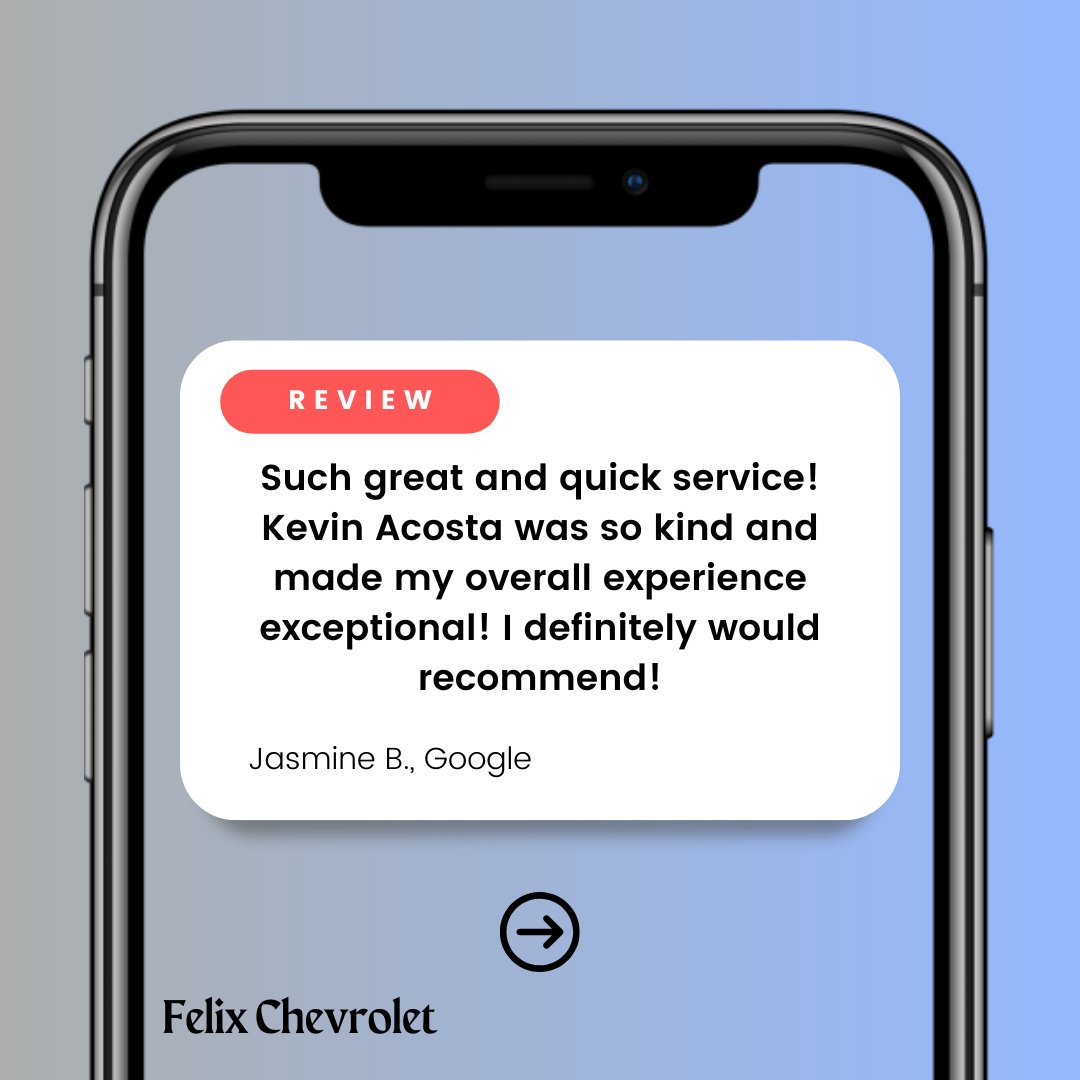Felix_Chevrolet's tweet photo. Thank you for the great review, Jasmine! We’re happy to hear Kevin Acosta provided quick, kind, and exceptional service. We truly appreciate the recommendation! https://t.co/DkRVPzvJWd