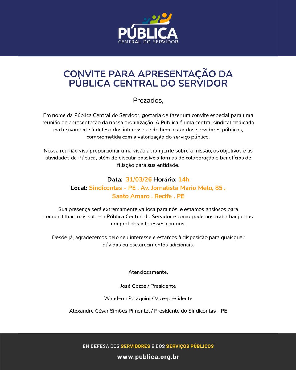 O Sindicontas-PE, em parceria com a Pública – Central do Servidor, tem a satisfação de convidar essa entidade sindical para participar de uma reunião de grande relevância para o fortalecimento da atuação conjunta em defesa dos interesses dos servidores públicos.