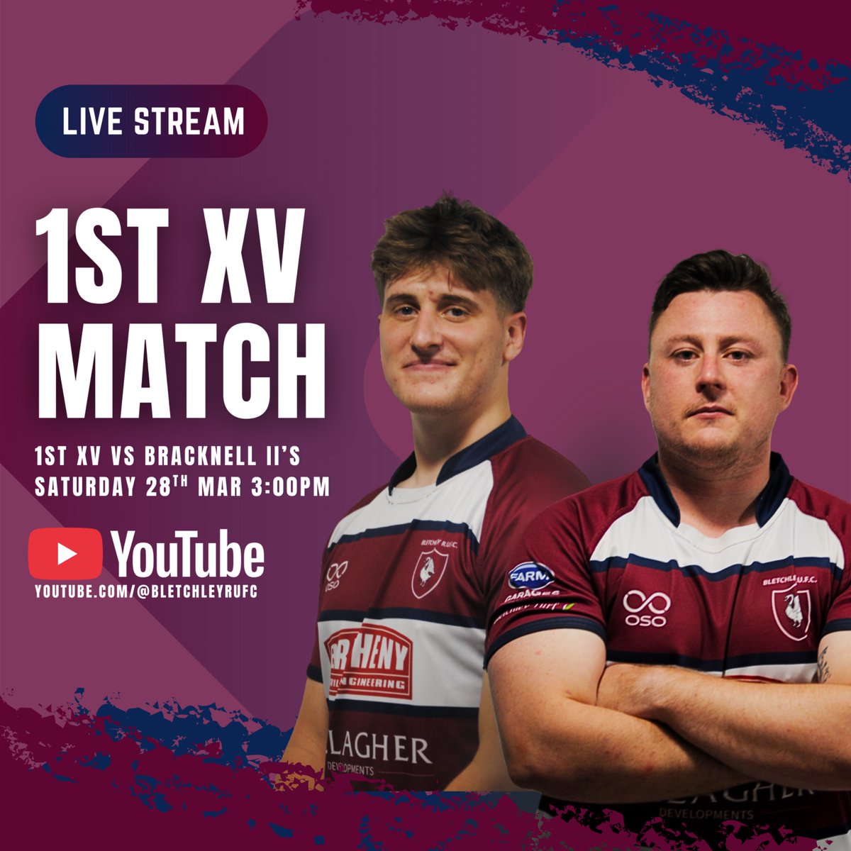 BletchleyRUFC's tweet image. 𝗟𝗜𝗩𝗘 𝗢𝗡 𝗬𝗢𝗨𝗧𝗨𝗕𝗘 𝗧𝗢𝗗𝗔𝗬 🔥📺

The 1st XV are back at The Manor this week hosting Bracknell II’s in a crucial match 🏉💪

Watch live 👇
👉 YouTube.com/@BletchleyRUFC

🕒 KO: 3:00pm
📍 Manor Fields, MK2 2HX

#WeAreBletchley #BRUFC #LiveOnYouTube #MaroonAndWhite