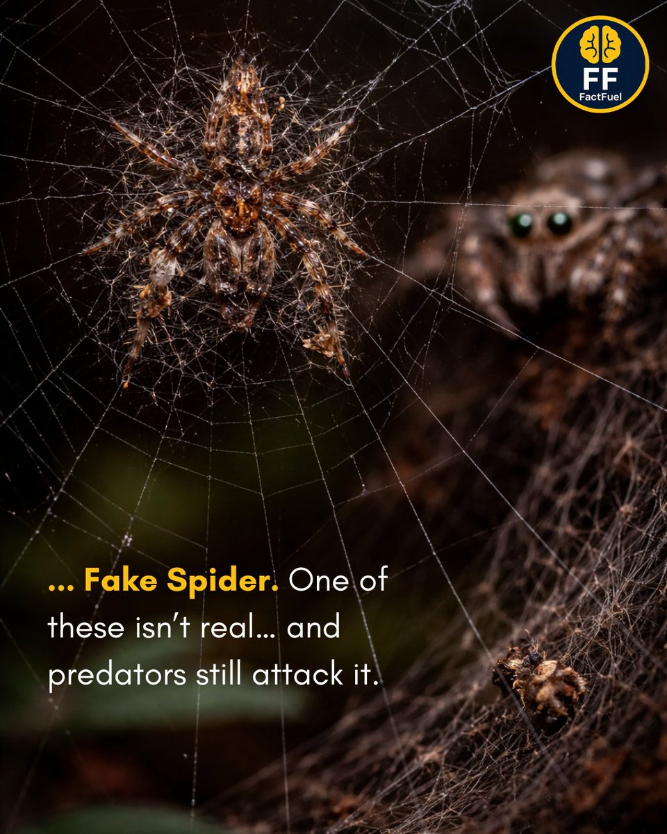 FactFuelGlobal's tweet image. Some spiders build a decoy version of themselves using debris and dead insects in their web. 

Predators strike the fake target first, giving the real spider time to escape from the edge.

#AnimalBehavior