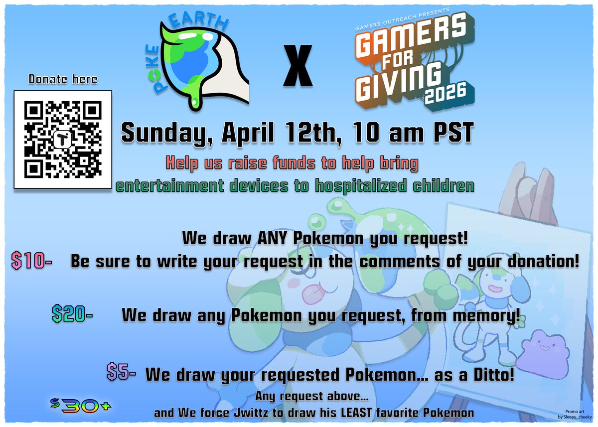 CHARITY STREAM INCOMING!

We're partnering with Gamers For Giving to put on a live stream on April 12th at 10 am PST to draw YOUR Pokemon requests! Want to contribute outside of donating? Shoot us an email with examples of your work and you can draw with us!
More info in replies!
