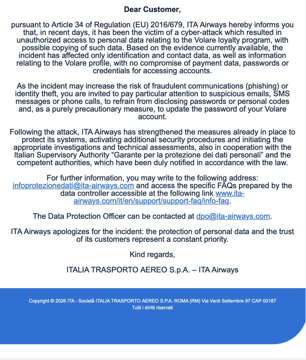 coocooche's tweet photo. Hey @ITAAirways, thanks for the phishing warning… while attackers accessed (and maybe copied?) my data 🙃
Was it actually copied? Is it out there now? Not very clear. #DataBreach #CyberAtack #ITAairways https://t.co/SfpcbSoSHM