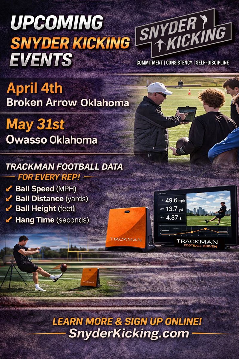 SnyderKicking's tweet photo. KICKERS-PUNTERS-SNAPPERS

Next Weekend Oklahoma!! APRIL 4TH
https://t.co/gAzJi8Vxyh 
Trackman Training and Competition Camp.
Check out https://t.co/lATxz29K1Y to learn more!! https://t.co/rF1mVoXQkf