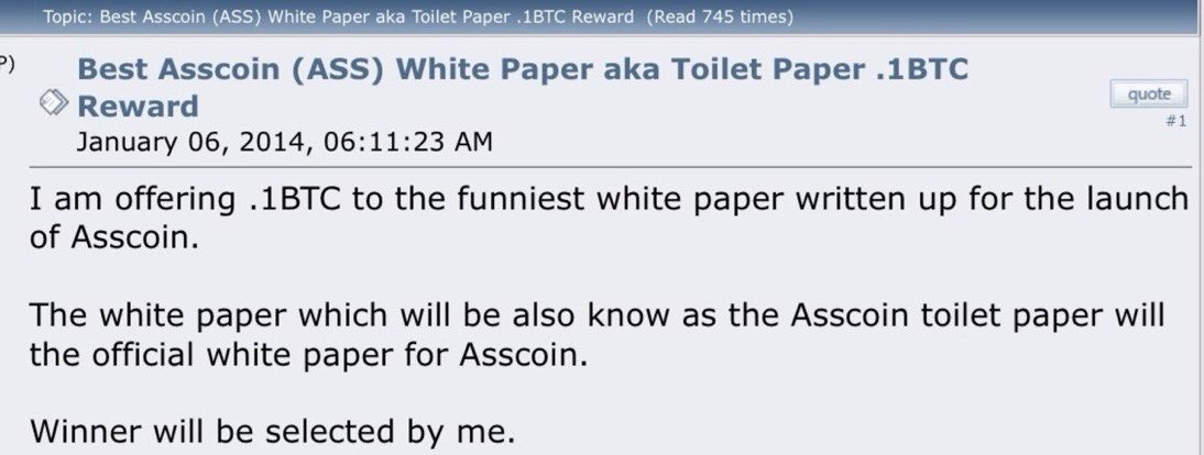 Corpsehus7's tweet photo. The 2014 BitcoinTalk legend is back.

CryptoBubbles offered 0.1 BTC for the funniest Asscoin "toilet paper" whitepaper.

superaad dropped the most unhinged Pharrell parody song ever written.

It sat buried for 12 years. The bounty was never claimed.

Today we fix that.

Royal Buttness of Coins.
Mining ASS since 2014.