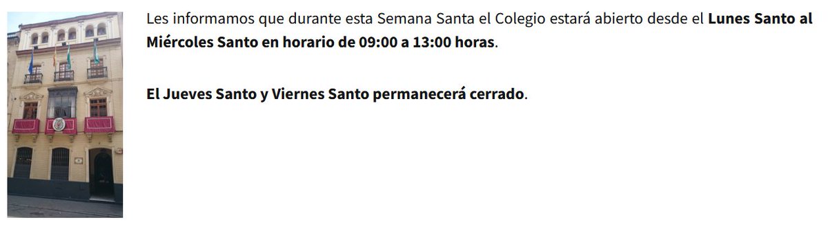 Horario del Colegio durante la próxima Semana Santa 2026