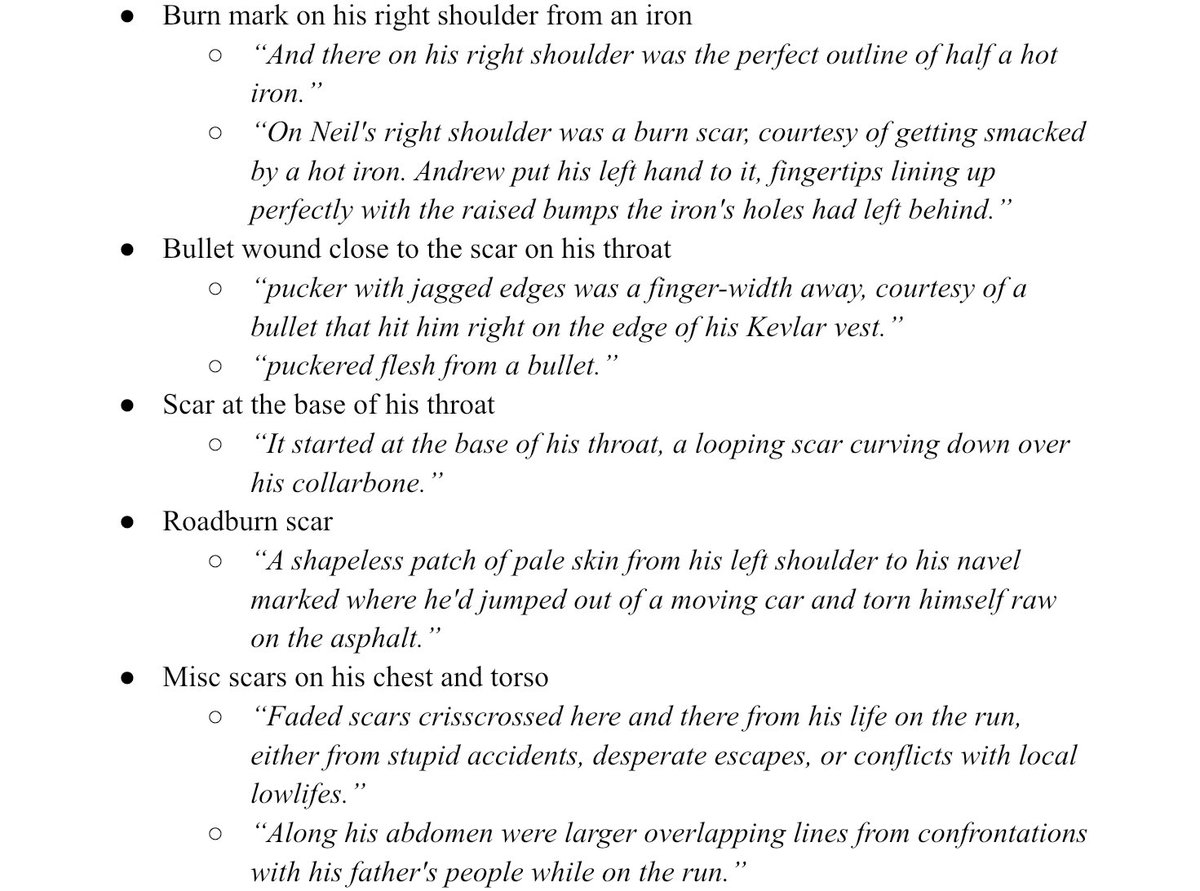 edelgardlesbian's tweet image. needed it for #reasons but i compiled a list of all neil's scars + quotes that mention them. lmk if i missed anything !!