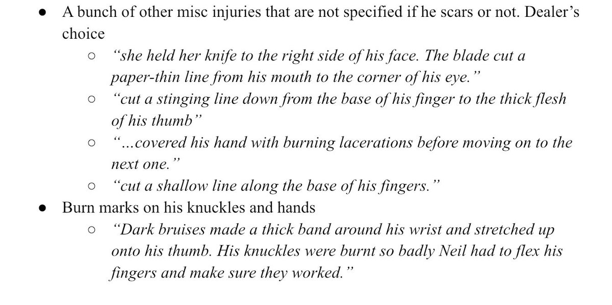 edelgardlesbian's tweet image. needed it for #reasons but i compiled a list of all neil's scars + quotes that mention them. lmk if i missed anything !!