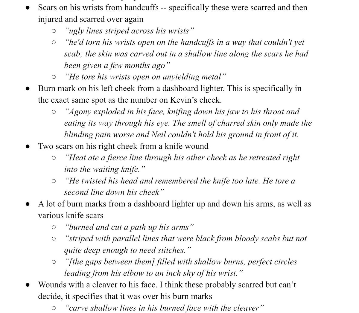 edelgardlesbian's tweet image. needed it for #reasons but i compiled a list of all neil's scars + quotes that mention them. lmk if i missed anything !!
