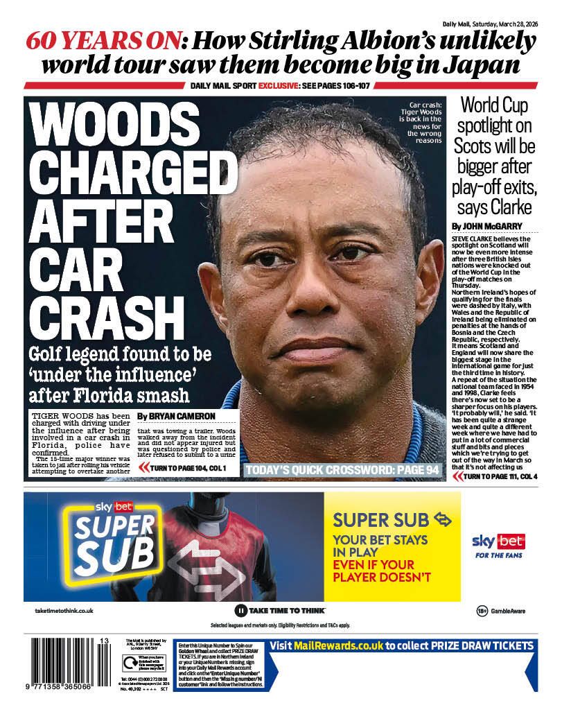 🗞️Saturday's Scottish Daily Mail back page: Woods charged after car crash 

#TomorrowsPapersToday #scotpapers 
👉 Read more on #MailOnline  dailymail.co.uk/scotland