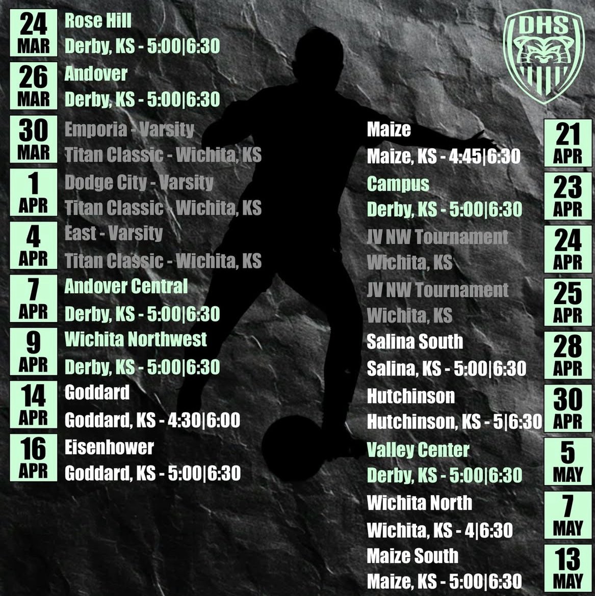 ReeseWhite0315's tweet photo. Check out my High School official varsity soccer schedule! 

#16 | RW/FW
Derby High School 
Class of ‘27 https://t.co/nFjRXqGtDl