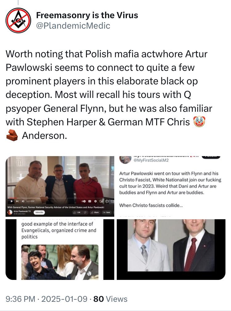 PlandemicMedic's tweet photo. Controlled opposition limited hangout Freemason Pastor Art doing his bit in the scripted divide and conquer managed decline of Canada. No doubt he’s been part of the planning for years, as evidenced by his connection to the #FlynnNetwork. What a treasonous fraud. https://t.co/camajEdnZ2