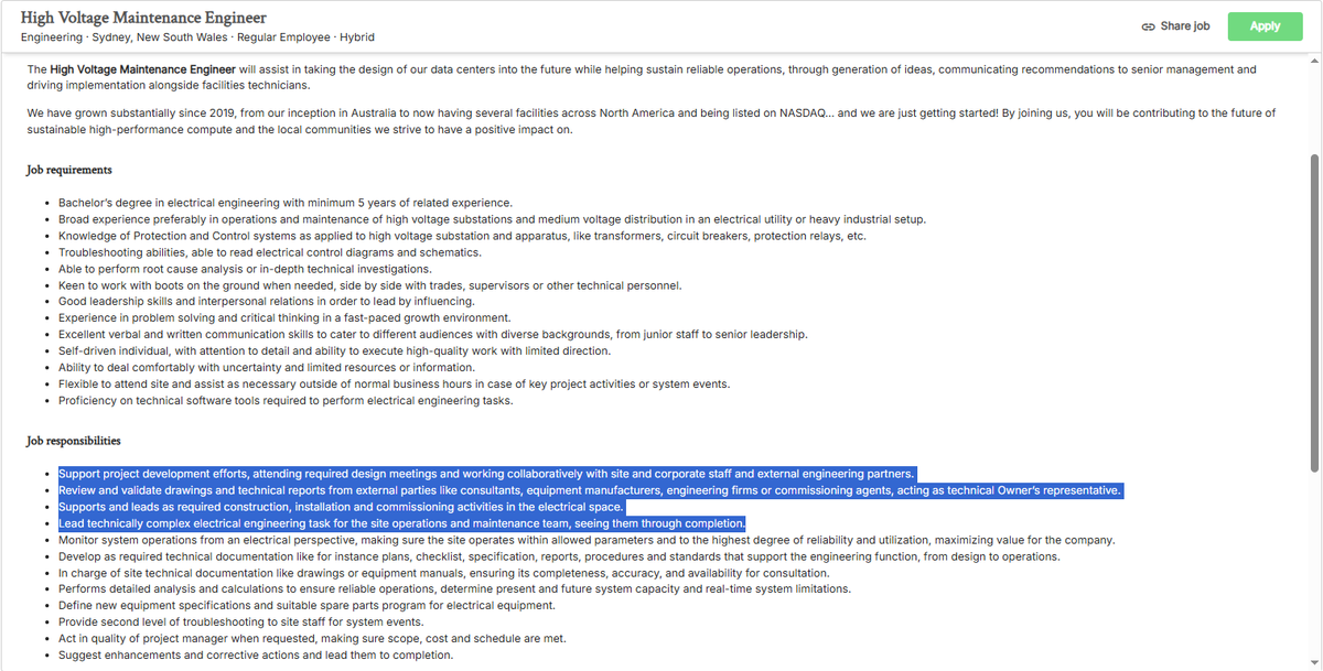 Iren expansion to Australia confirmed?👀
The last job listing just came out from $Iren, the 7th of the day. 
The interesting part is that the job is located in Sydney as a High Voltage Maintenance Engineer, and in job requirements is this specified: "Keen to work with boots on