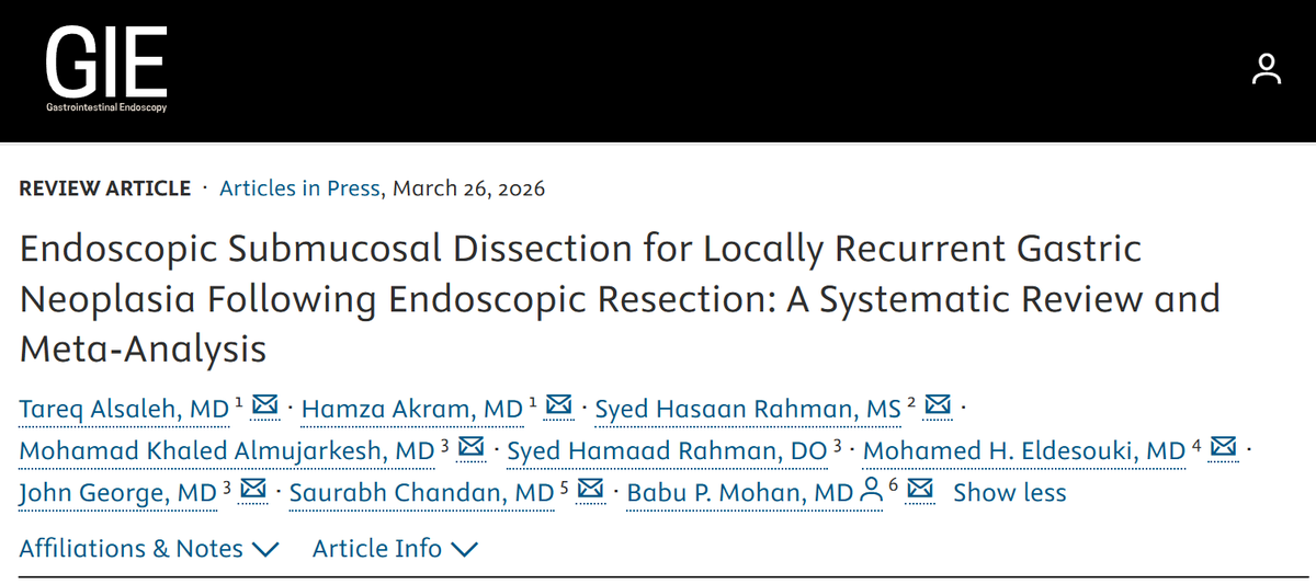 TareqAlsalehIM's tweet photo. 🚨Excited to share our new article in @GIE_Journal 

📊 Seven studies and 259 patients
ESD for locally recurrent gastric neoplasia after endoscopic resection 🔁✂️

✅ 69.7% curative resection
✅ Only 8.2% required surgery

ESD may be a viable organ-sparing option for select patients in expert centers.

Grateful to all my coauthors for their help and support!

https://t.co/fF4xvqSYub