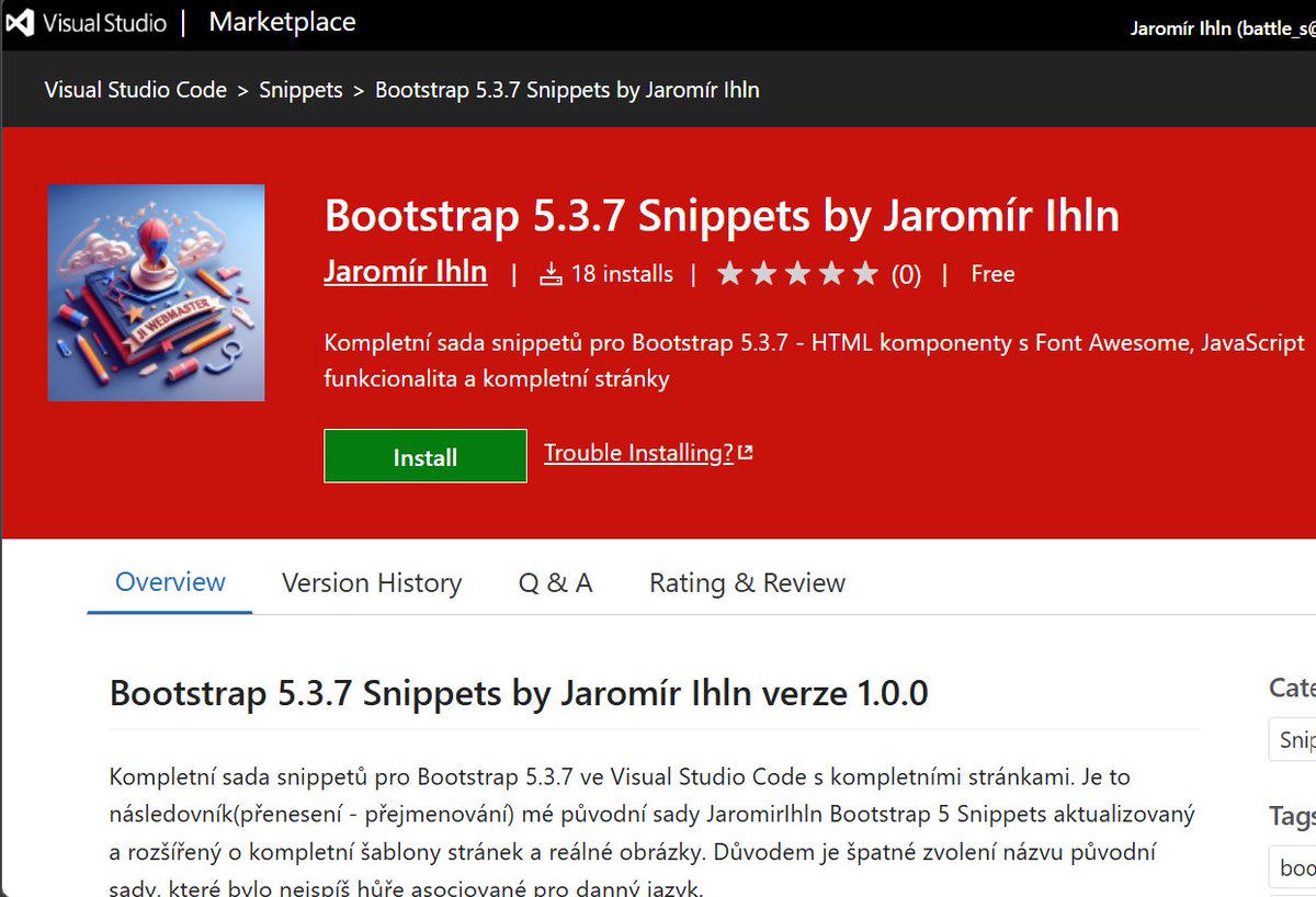 Jajda1973's tweet photo. Bootstrap 5.3.7 Snippets by Jaromír Ihln - Visual Studio Marketplace https://t.co/Tlahm4b2Ff