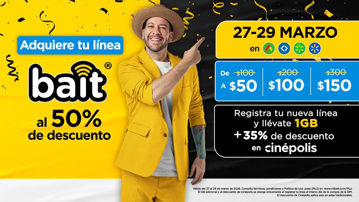 baitmxoficial's tweet image. ¡Llegó el mejor fin de semana del mes! Cámbiate a #Bait adquiere tu línea al 50% de descuento. #PromoBait #DiacambiateaBait 💛