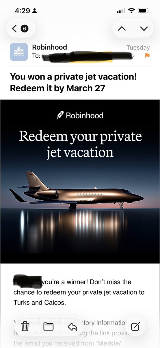 reeteshbhargava's tweet photo. Hey @vladtenev , I had received an email from Robinhood saying that I had a private jet vacation which was then changed to $201 prize . Why would this be changed? I had been an early gold member for Robinhood and use your services extensively. Can you look into this? @RobinhoodApp @AskRobinhood