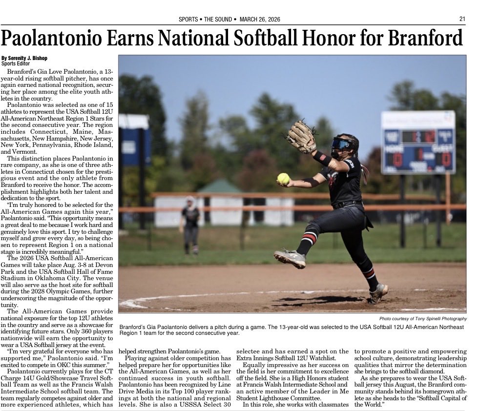 Paolantonio2031's tweet photo. Grateful for the feature in this week’s edition of The Sound! 🗞️ A huge thank you to @SerenityJBishop and @Zip06CT for the thoughtful coverage of my selection as a @USASoftball All American. 🇺🇸🥎

From the field to the classroom, I am committed to excellence in everything I do‼️Earning this honor for the second year in a row is a privilege that motivates me to keep outworking the competition and continue growing as a student-athlete every single day!
#builtdifferently🤘🏽
#WeAre
#RoadToOKC 
#StudentAthlete

🔗 https://t.co/HhyHWJelEn

📸  @TonySpinelliPhoto

@CTCharge14u @Kat_Derrico @KBDrust @KB22pitch @BuschgansAshley @Bpearson34 @Coach_Sen__ @JillKarwoski @LineDsoftball @ExtraInningSB @D1Softball @CoastRecruits @DirectRecruits @TOP_D1RECRUITS @BeThatPlayer1 @TrueRecruitsSB @PrepSoftball @TAProfileAPP @gatorjack72 @NextPitch_SB @FastpitchWire @BranfordPS