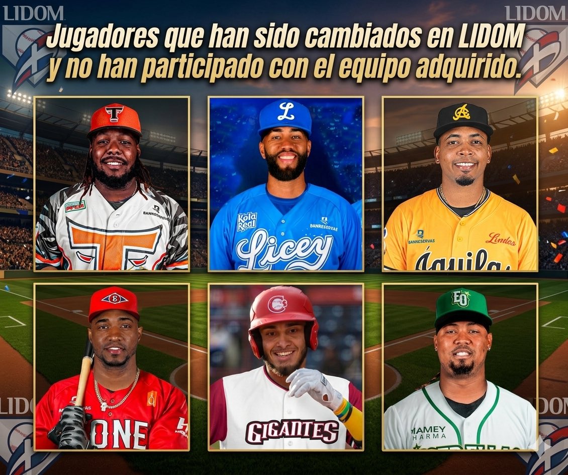 WilfredoRS16's tweet image. Jugadores que han sido cambiados en #LIDOM y no han participado con el equipo adquirido:

Águilas (5) 🦅

Edwin Uceta
Randy Vásquez
Santiago Espinal
Alex Reyes
Robert Corniel

Licey (4) 🐯

Luis Severino
Willi Castro
Abner Uribe
Amed Rosario

Escogido (3) 🦁

Dennis Santana