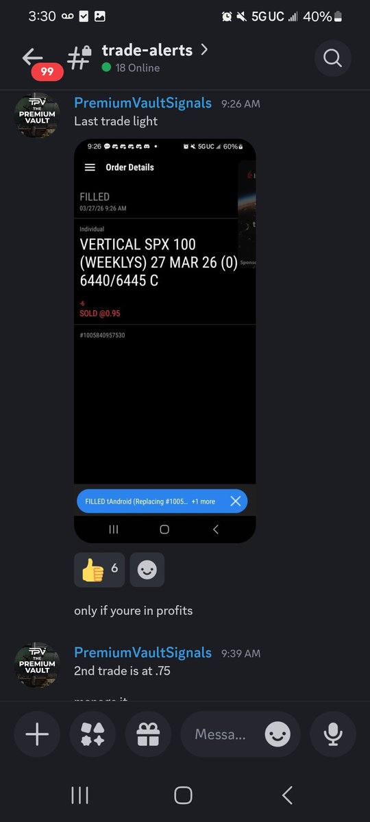 ThePremiumVault's tweet photo. 3/27/26 +$3,500 on the day. 2/2 Trade alerts profitable. 2 down on the Weekly gave bias to the downside. Entered CCS on  2 Continuations on the 1 hr. Ended the week strong . All the members in the discord came out GREEN. 💪☘️🔥💰📉
#ThePremiumVault #TheStrat #optionstrading #trading #options #stocks #investing #daytrading #finance #thetagang #stocks #stockmarket #creditspreads #SPX #Magic8Ball #m8b