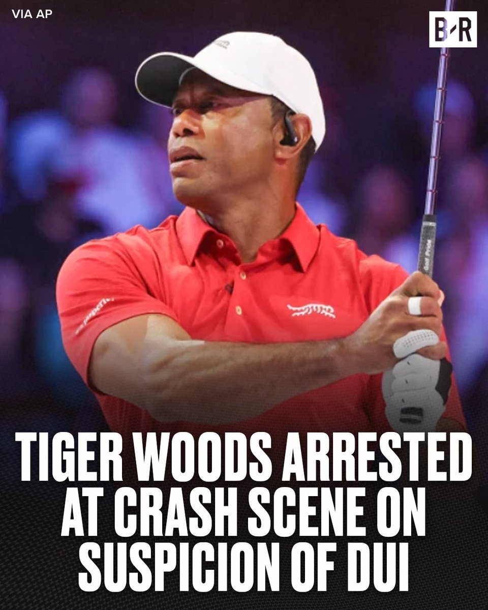 BrianSinkoff's tweet photo. Tiger Woods has been arrested &amp; jailed for DUI, property damage &amp; refusal to submit to a lawful test after being involved in a car crash in Florida. Tiger is worth $1 billion - I’m not sure why he doesn’t have a driver or a permanent Uber driver on standby. #tigerwoods https://t.co/9IdjFP72DT