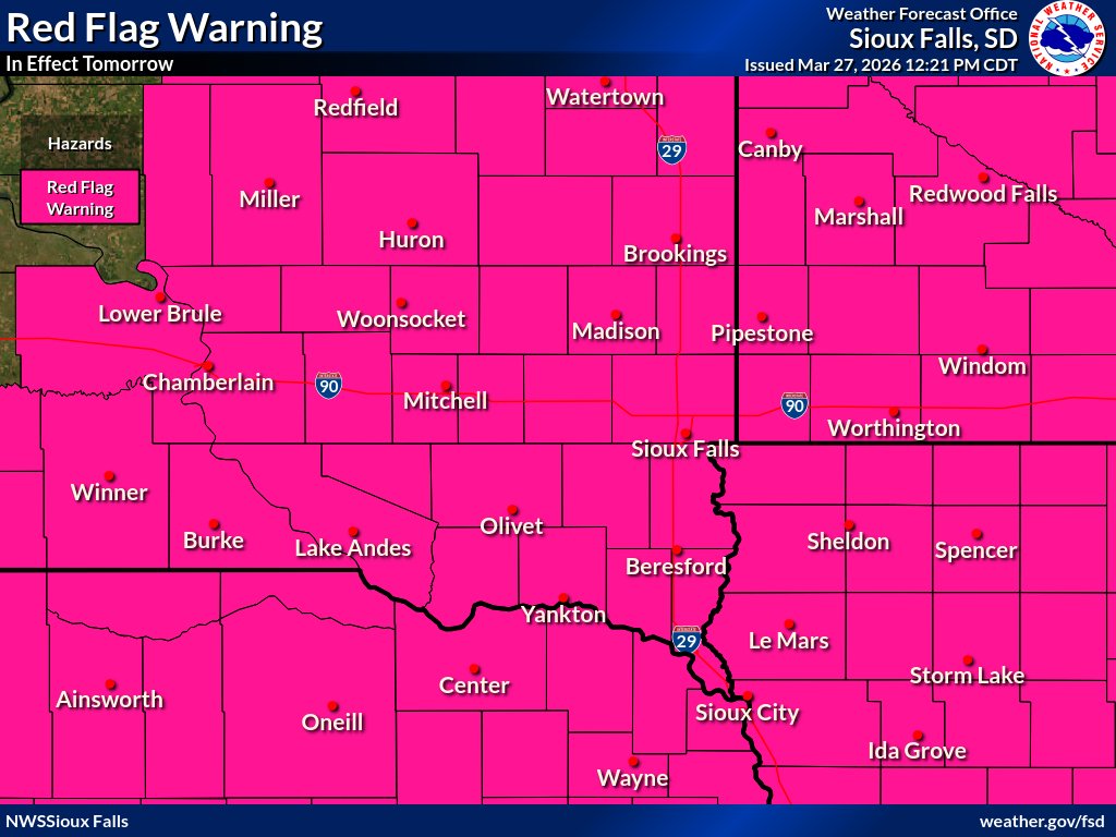 NWSSiouxFalls's tweet photo. EXTREME FIRE DANGER TOMORROW (SATURDAY)

A dangerous fire weather day is expected Saturday as winds gust up to 35-50 mph and relative humidity values drop into the 12-20% range. This combined with recent dry weather will lead to conditions ripe for rapid to explosive fire growth. https://t.co/SgVsCMlvzI