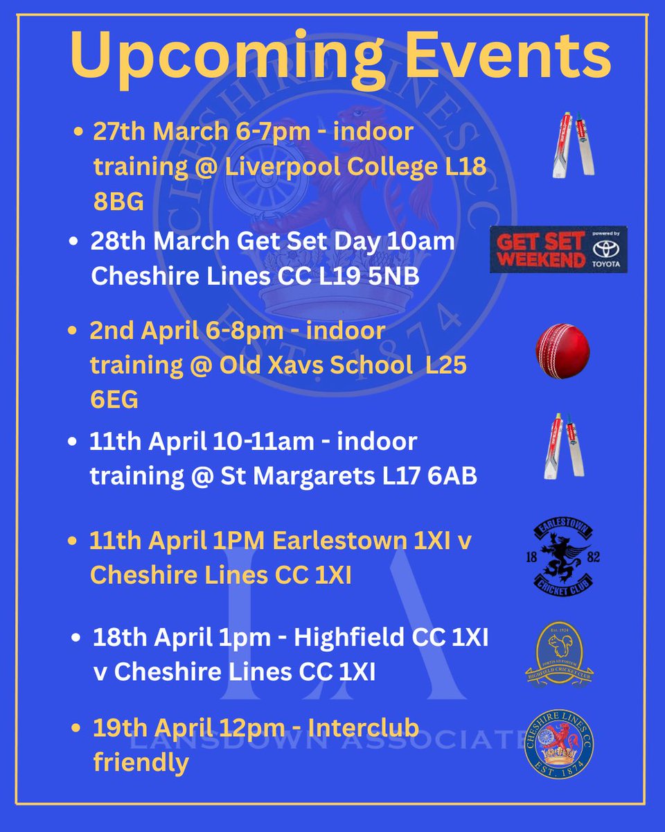 TheCheshCC's tweet image. Upcoming events at @TheCheshCC 

Exciting times as we are about to embark on our first season within the Liverpool Cricket Comp

Come and get involved 

#upthechesh #L19 #allerton #garston #cricket