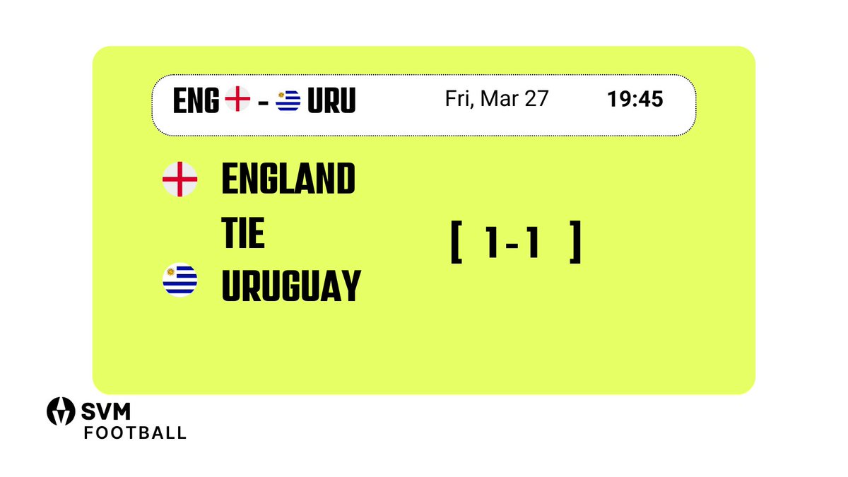 SVMFootball's tweet photo. England couldn't get the win. 1-1 with Uruguay. π΄ββ οΈ
England fans, are you worried? Drop your honest take below β¬οΈ
And if you predicted the draw - 50 SVM Points are yours. π Check your replies!
#SVMFootball #ScorePredictor https://t.co/lKoiAUk5eS
